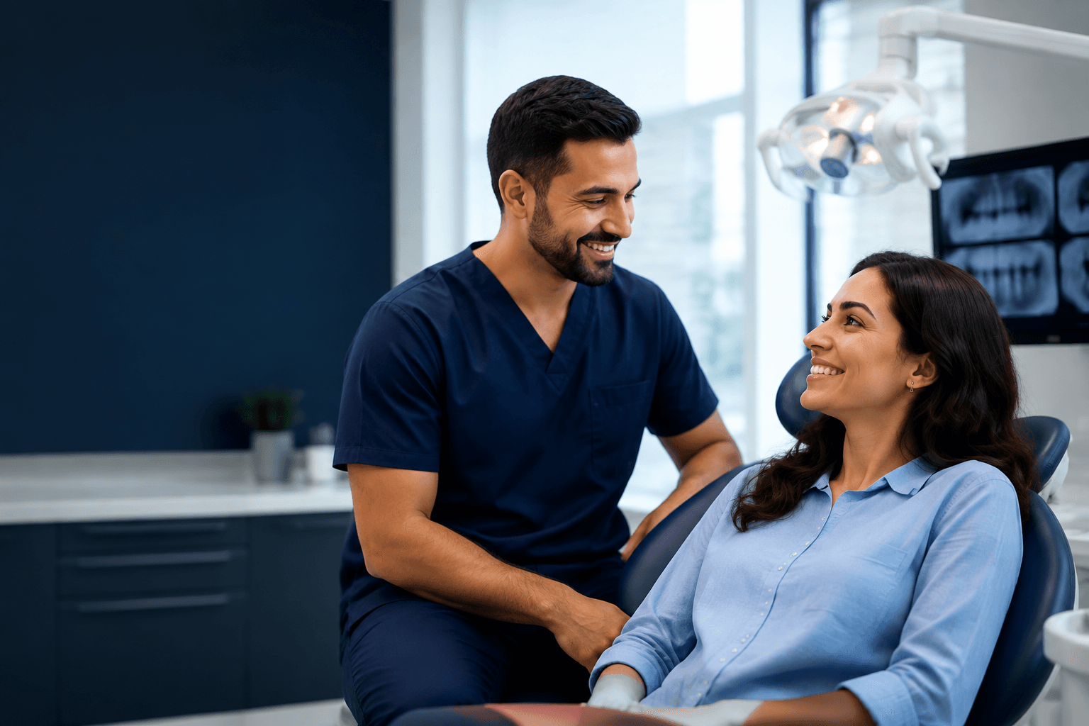 Dentiste échangeant avec une patiente