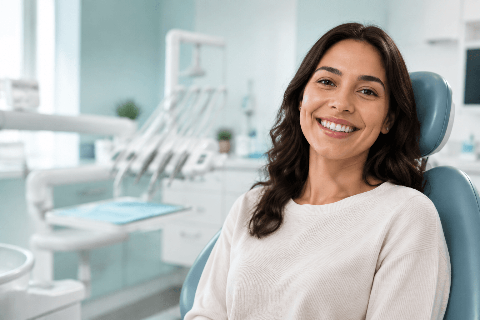 Patiente souriante dans un cabinet dentaire moderne