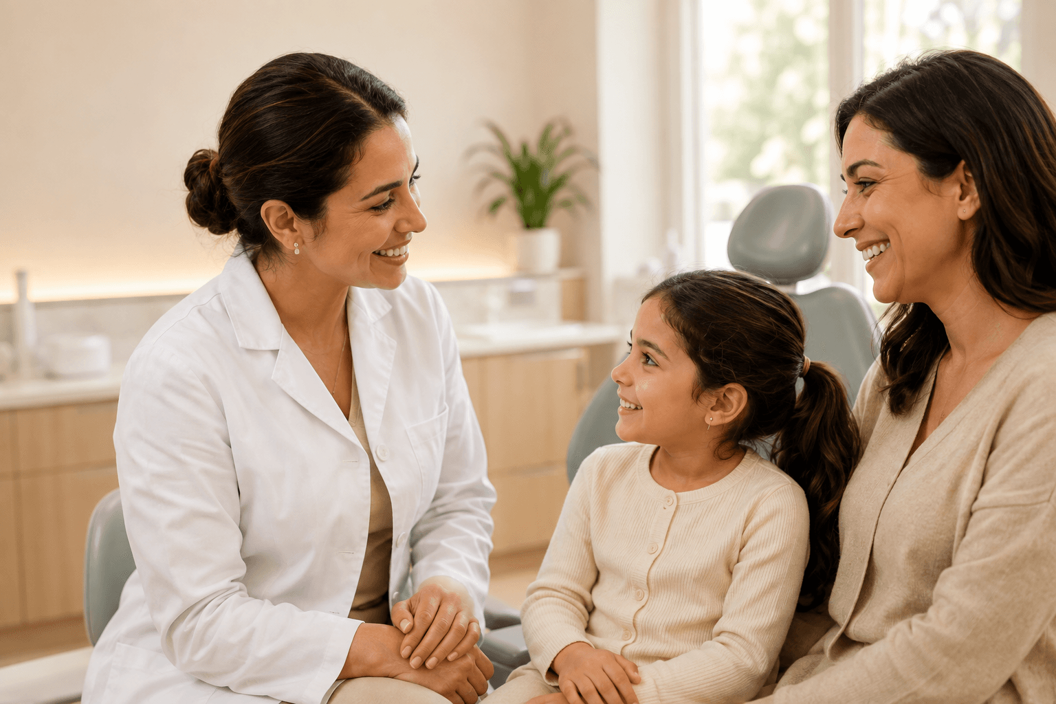 Dentiste accueillant une mère et son enfant