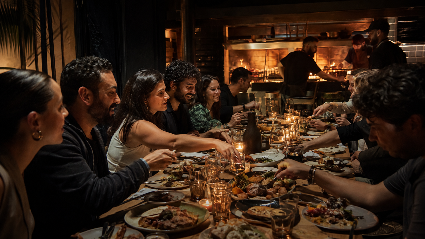 Grande tablée partageant le dîner face à la cuisine ouverte