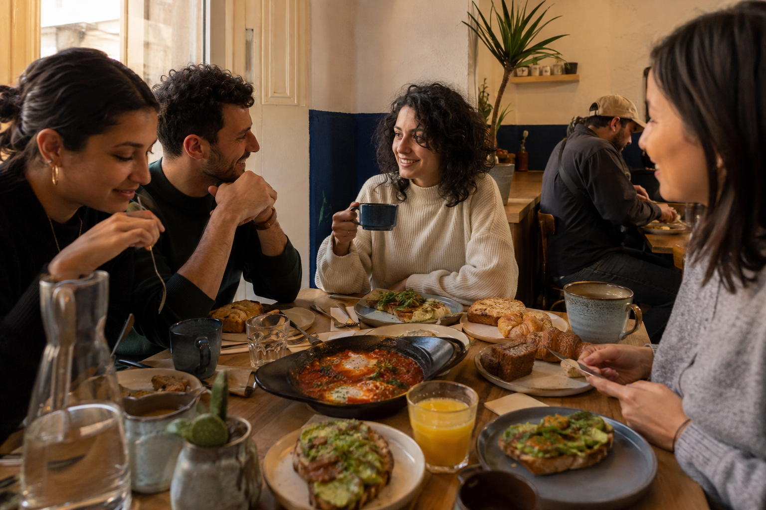 Amis réunis autour d'un brunch et de cafés chez Nomade