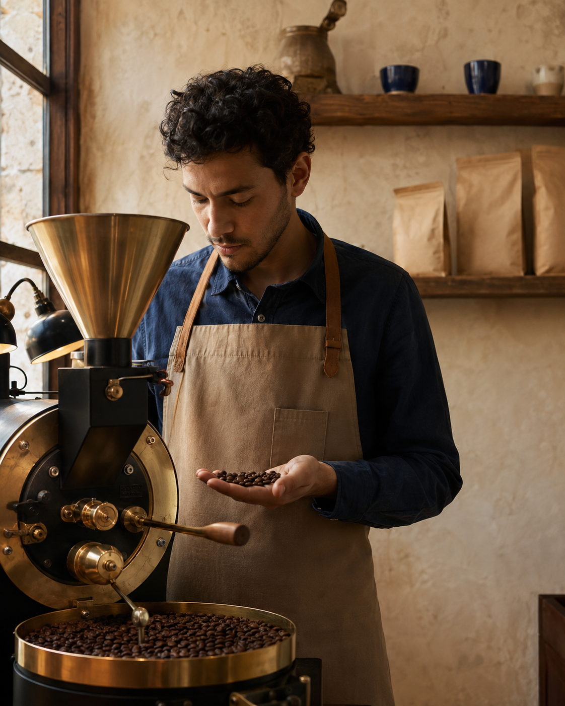 Torréfacteur Nomade contrôlant des grains fraîchement torréfiés