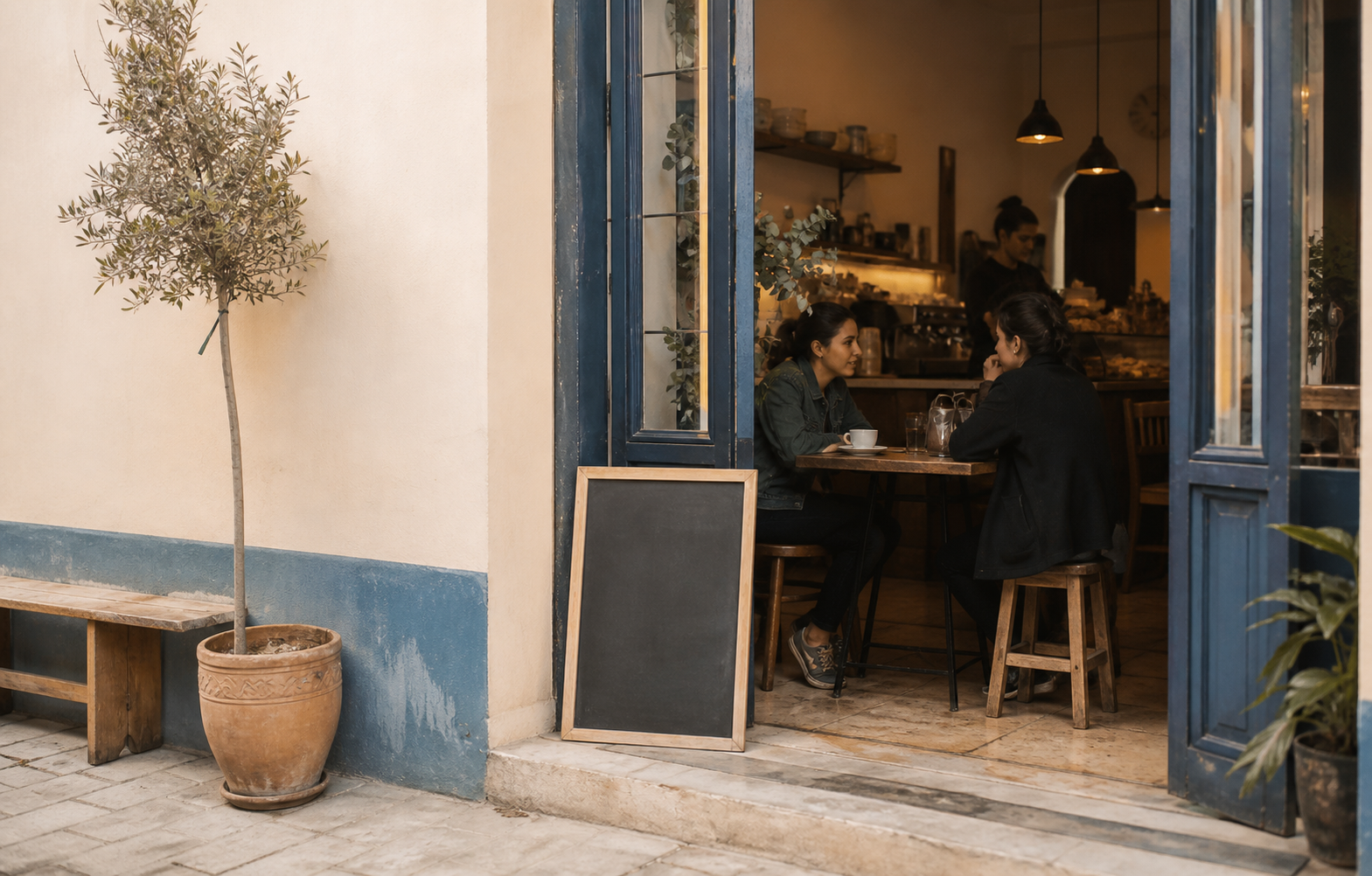 Entrée chaleureuse du café Nomade avec des habitués à l'intérieur